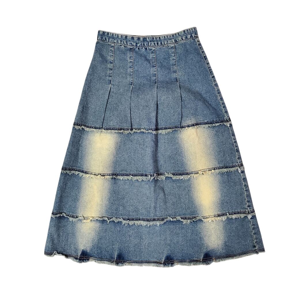 Y2K Midi Denim Skirt A-Line Tiered Frayed Raw Hems TMX 201 - Small - Picture 3 of 6